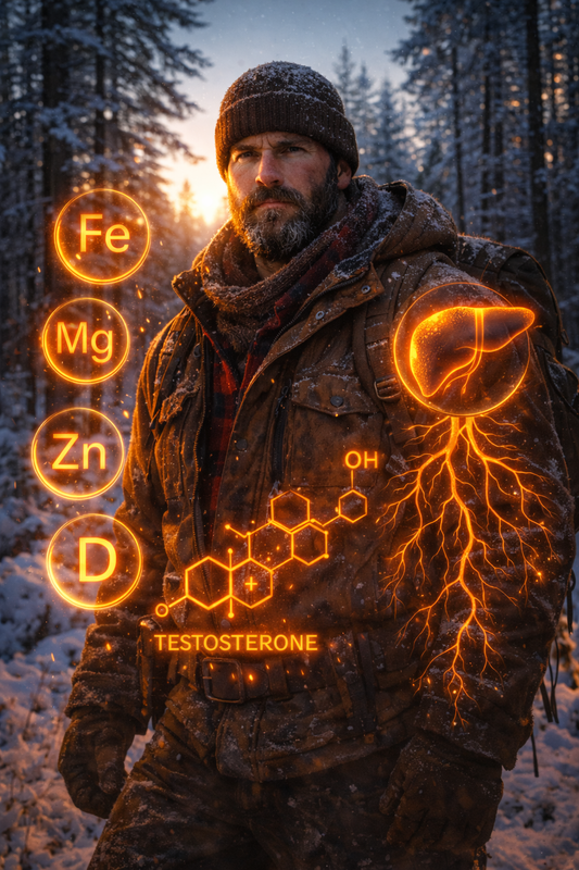 Masculine male figure surrounded by glowing mineral icons, liver, testosterone molecules, and roots, forest winter background, semi-realistic, glowing light, educational yet rugged, cinematic, ultra-detailed.