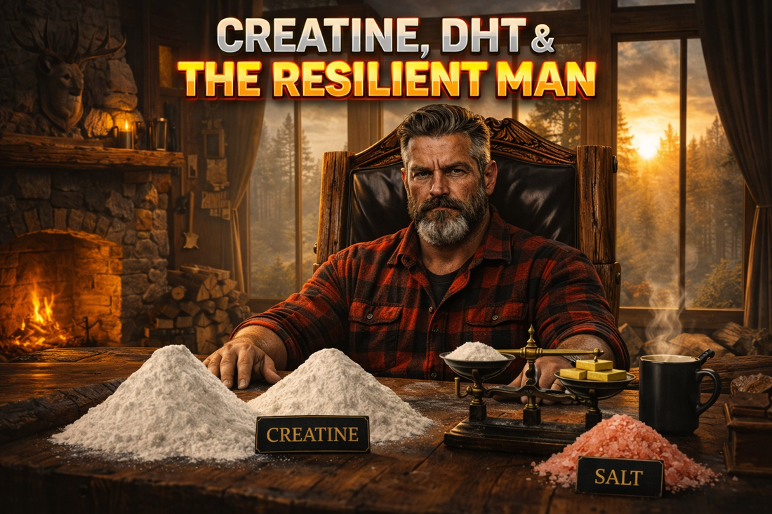 Fred the LumberJacksitting at a desk with piles of creatine, salt and a scale