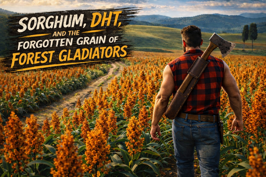 Muscular lumberjack seen from behind walking through a vibrant sorghum field at golden hour, with an axe in a sling on his back, rolling hills in the distance, and the headline “Sorghum, DHT, and the Forgotten Grain of Forest Gladiators.”