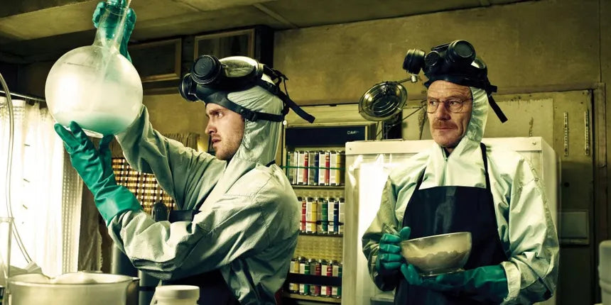 Two men mixing chemicals, symbolizing the hidden dangers of processed food and the impact of artificial additives on health.