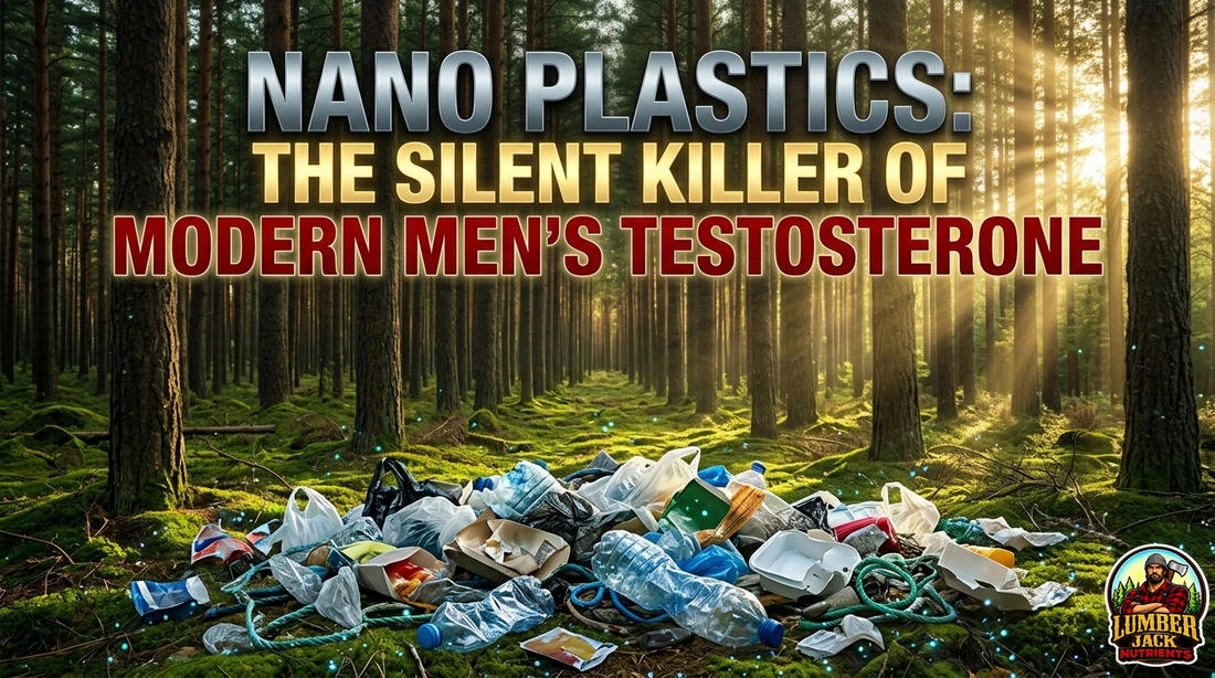 Nano Plastics - Pile of plastic garbage in a seren forest with light shining through the pine trees