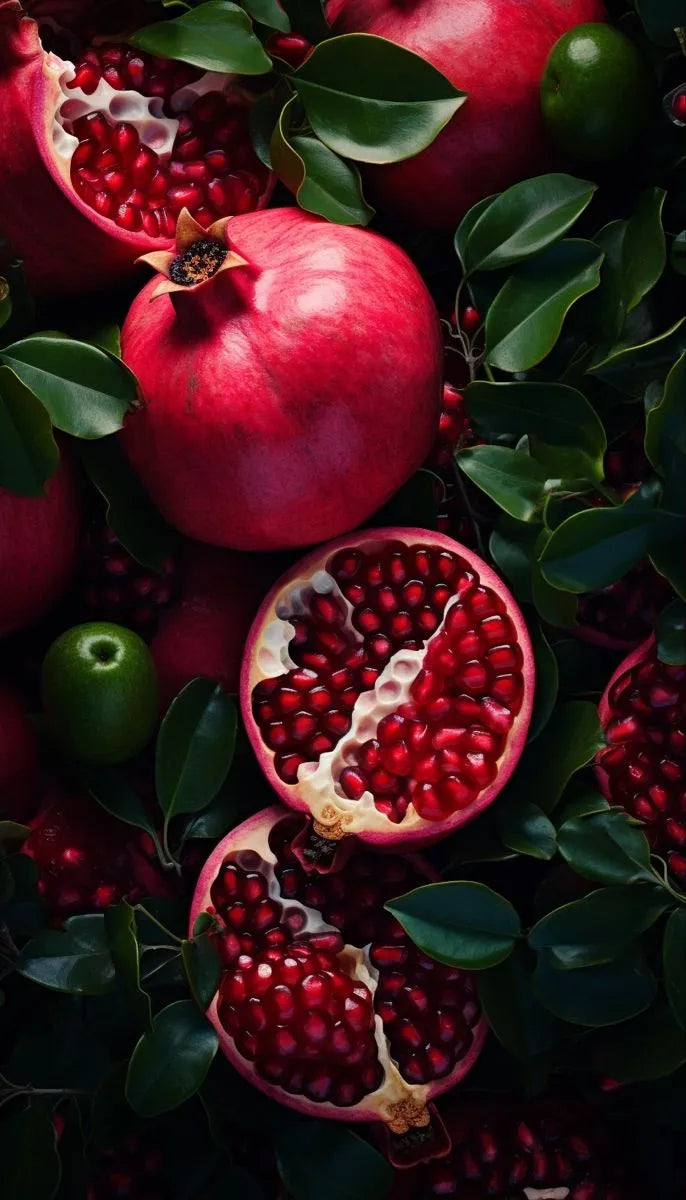 A vibrant pomegranate against a natural backdrop—symbolizing the resilience and health benefits of pomegranate in boosting immunity and vitality.