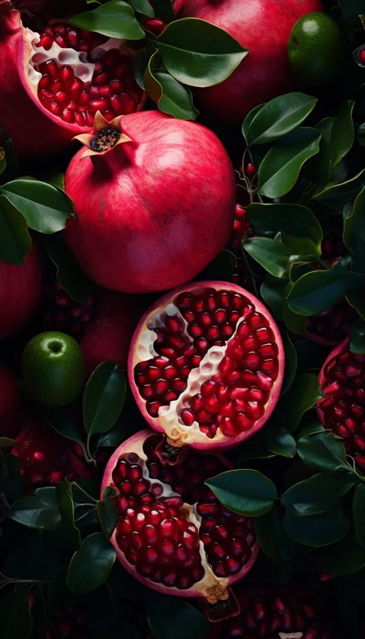 A vibrant pomegranate against a natural backdrop—symbolizing the resilience and health benefits of pomegranate in boosting immunity and vitality.