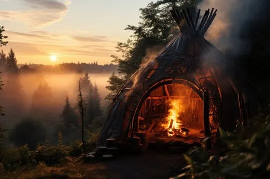 Sweat Lodge in a Remote Woodland Clearing A traditional sweat lodge built from natural materials, nestled in a peaceful forest setting.