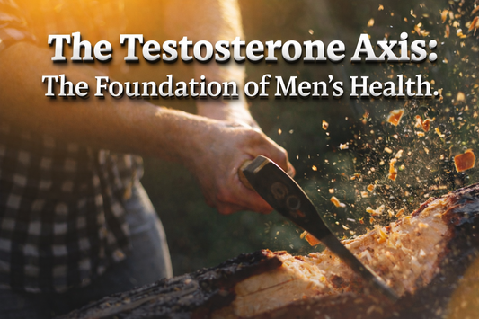Close-up of a man chopping wood as wood chips fly through warm sunlight, with the headline “The Testosterone Axis: The Foundation of Men’s Health” in large 3D text across the top.