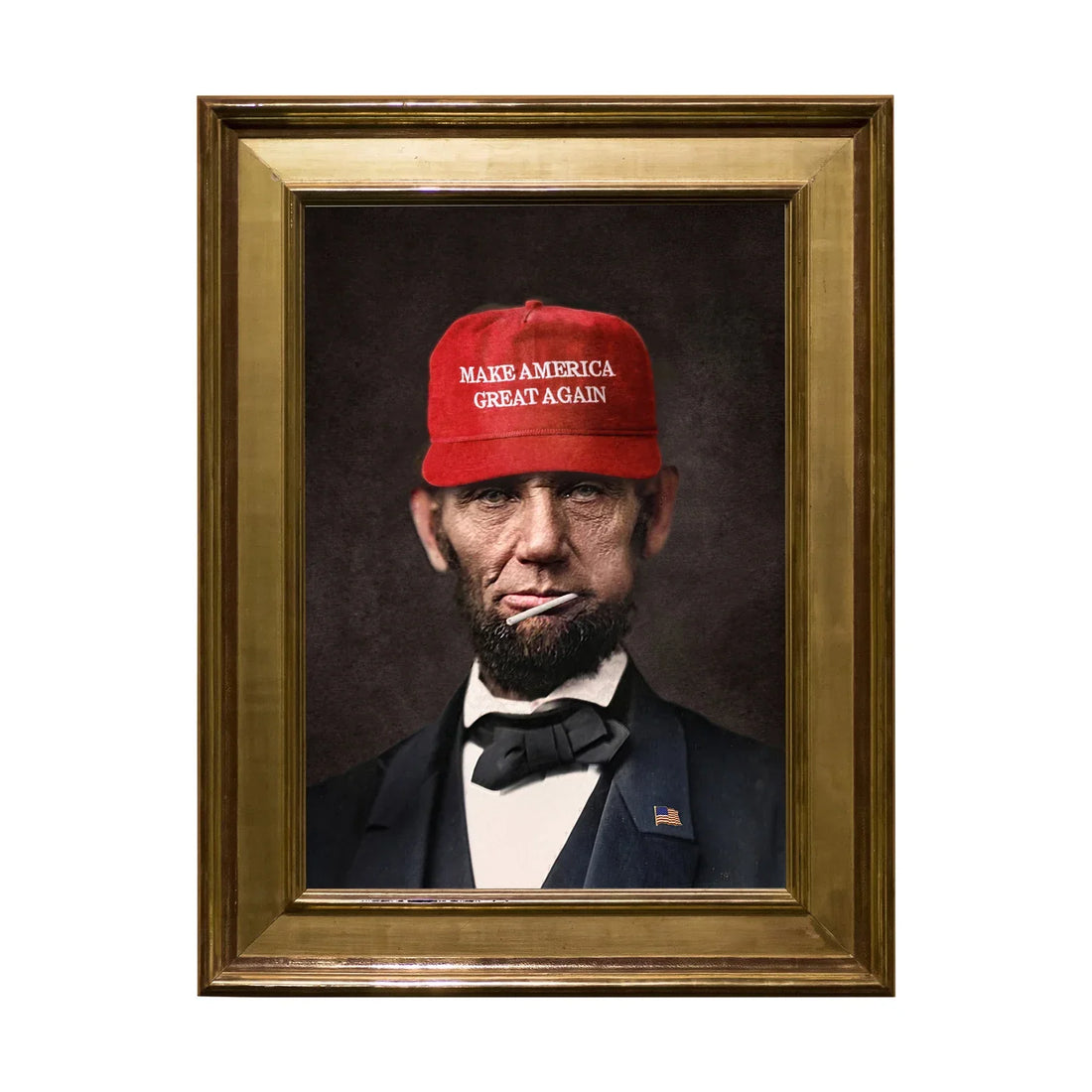Abraham Lincoln wearing a 'Make America Great Again' hat, holding an axe—symbolizing the importance of preparation and sharpening your tools before taking action for success.