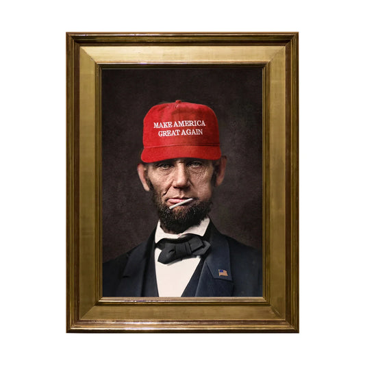 Abraham Lincoln wearing a 'Make America Great Again' hat, holding an axe—symbolizing the importance of preparation and sharpening your tools before taking action for success.