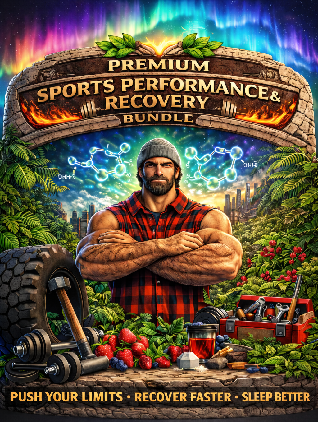 Man in checkered shirt with sports performance and recovery products in a nature-themed setting