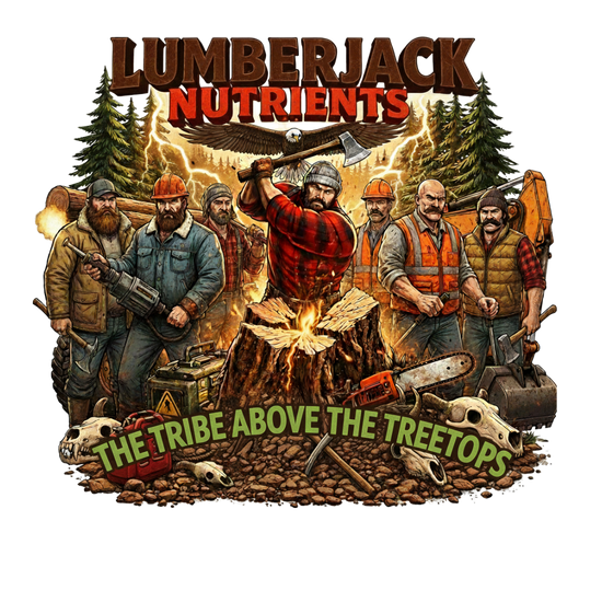 Illustration of a group of lumberjacks around a campfire with trees in the background, featuring the text 'Lumberjack Nutrients' and 'The Tribe Above the Treetops'.