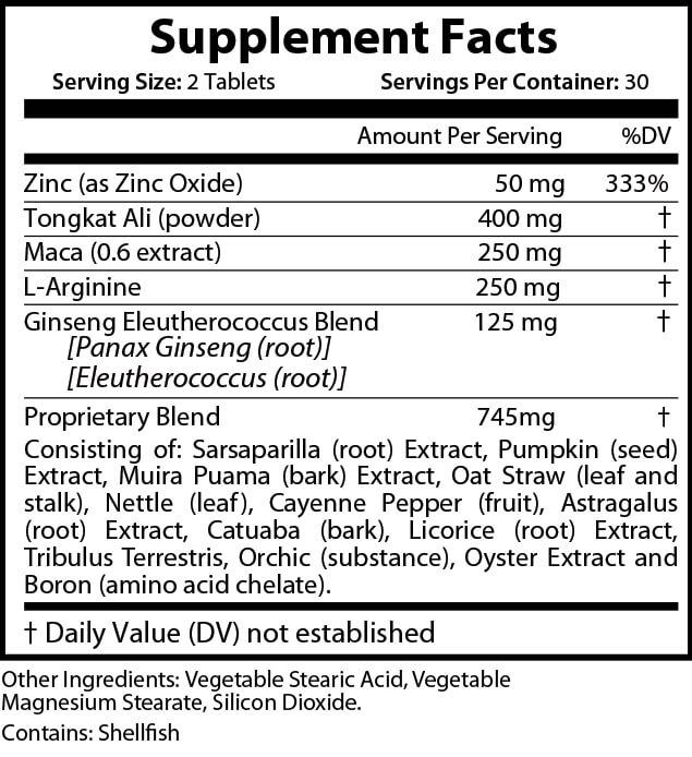 Rooster Booster Supplement Facts label displaying a powerful blend of time-tested herbs and amino acids designed to support natural testosterone production, enhance vitality, and fuel peak male performance. Includes potent ingredients like Tongkat Ali, Maca Root, L-Arginine, Sarsaparilla, Nettle Leaf, and Zinc—all working synergistically in an easy-to-digest veggie capsule. Ideal for men seeking strength, energy, and hormonal balance the natural way.